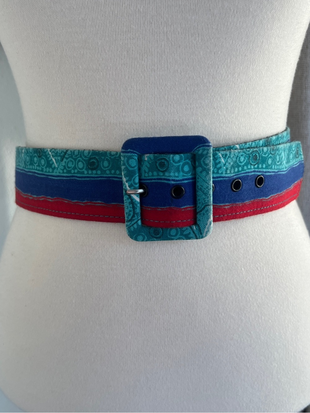 Vintage Astor Germany Fabric Belt Multicolored Boho Square Buckle Size 28-31